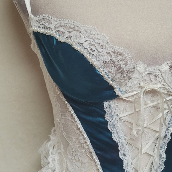 Frederick's Of Hollywood Vintage White Lace Teal Satin Lace-up Corset Lingerie S - Picture 4 of 12